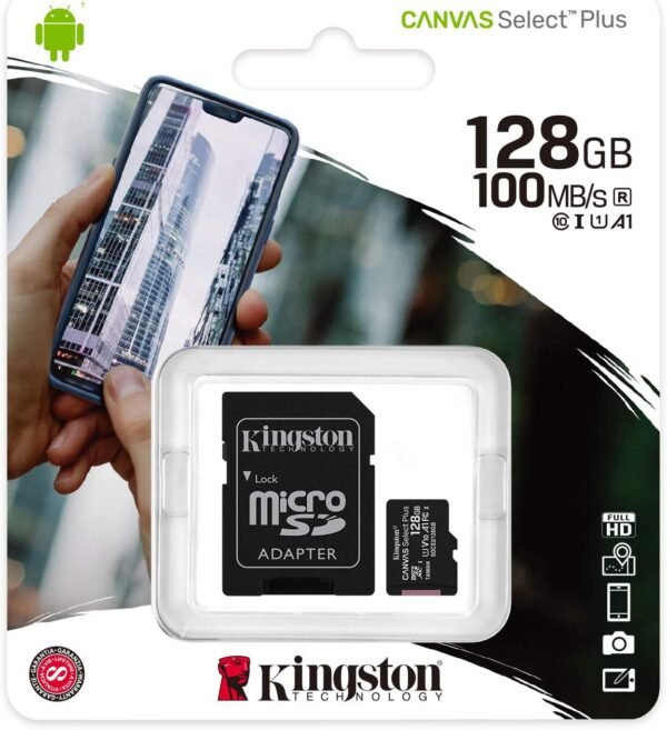 71tnu+a7kYL._AC_SL1500_ Kingston MicroSDXC Select Plus 128GB (Con Adaptador a SD) Clase 10, UHS-I, U1, V10 Lectura: 100MB/s (SDCS2/128GB)